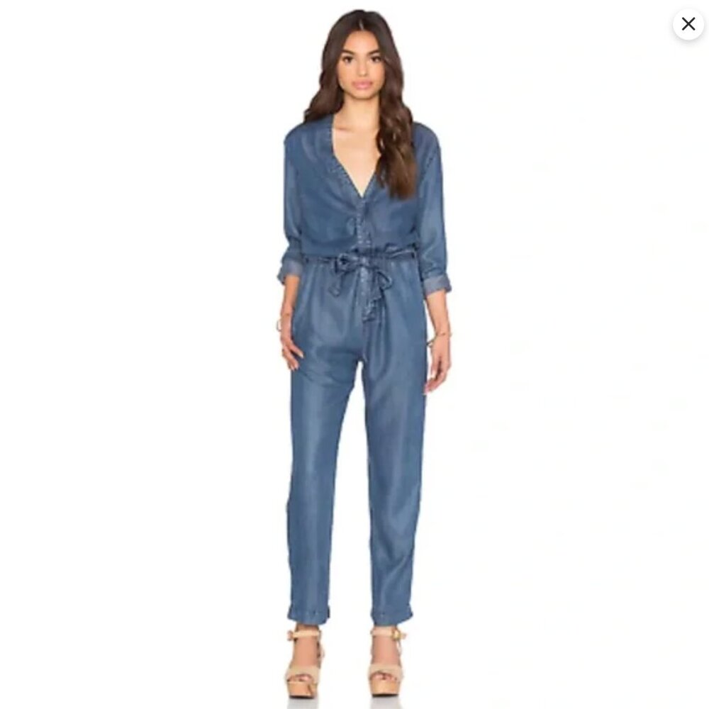Free People Lou Imperial Blue Denim Long Sleeve Jumpsuit Coveralls 6 - Picture 1 of 6